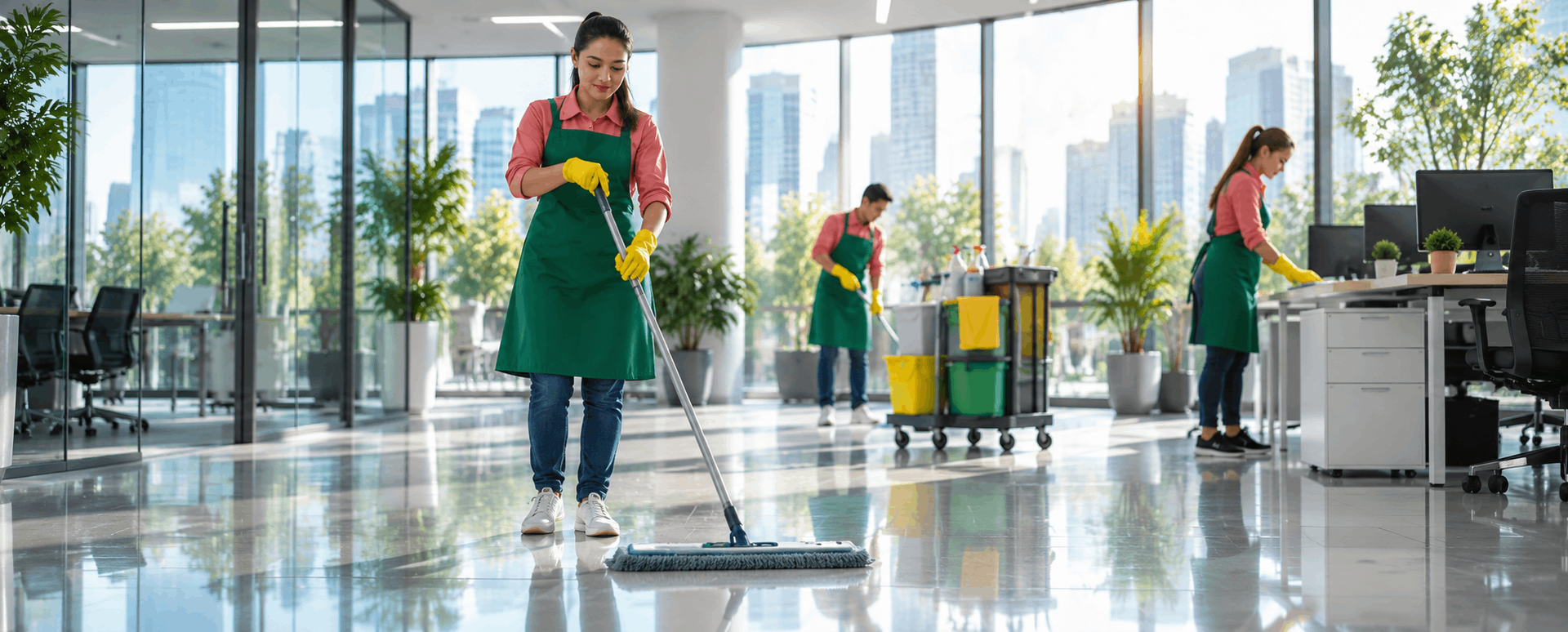 Ảnh nền hero — nhân viên vệ sinh trong văn phòng